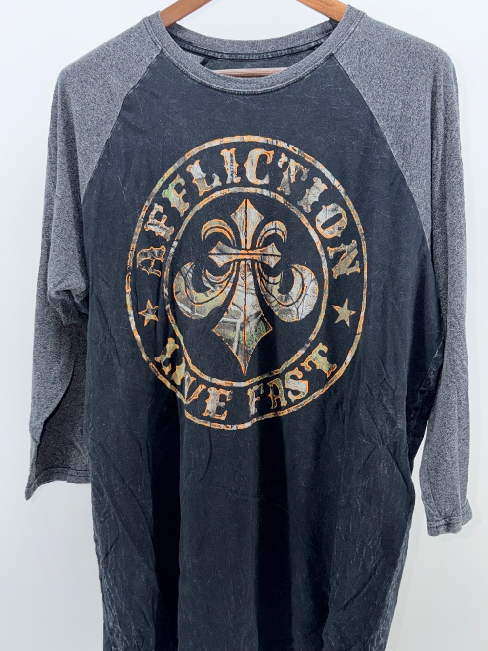 Affliction Live Fast Camo Logo Raglan Baseball Tee 2XL Made USA